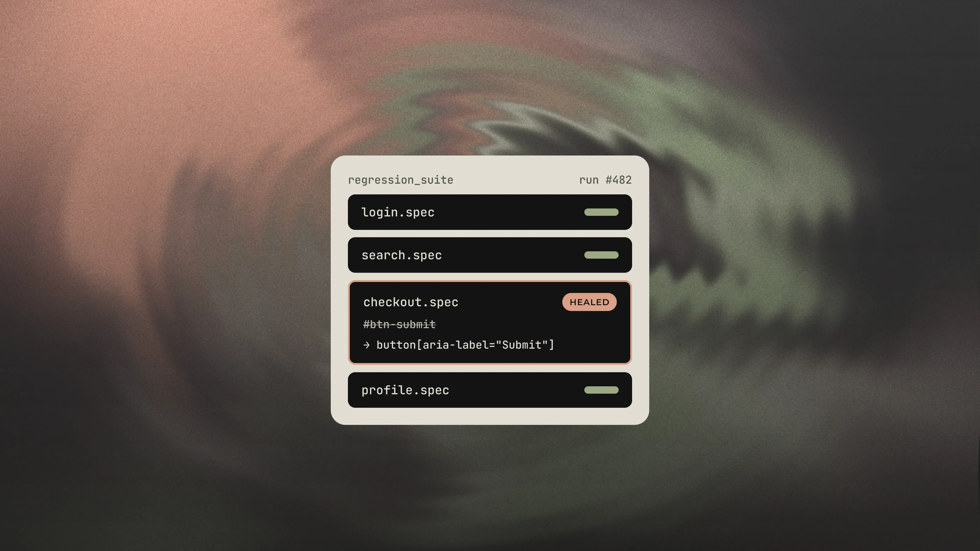 A regression suite in which the checkout test healed a broken locator