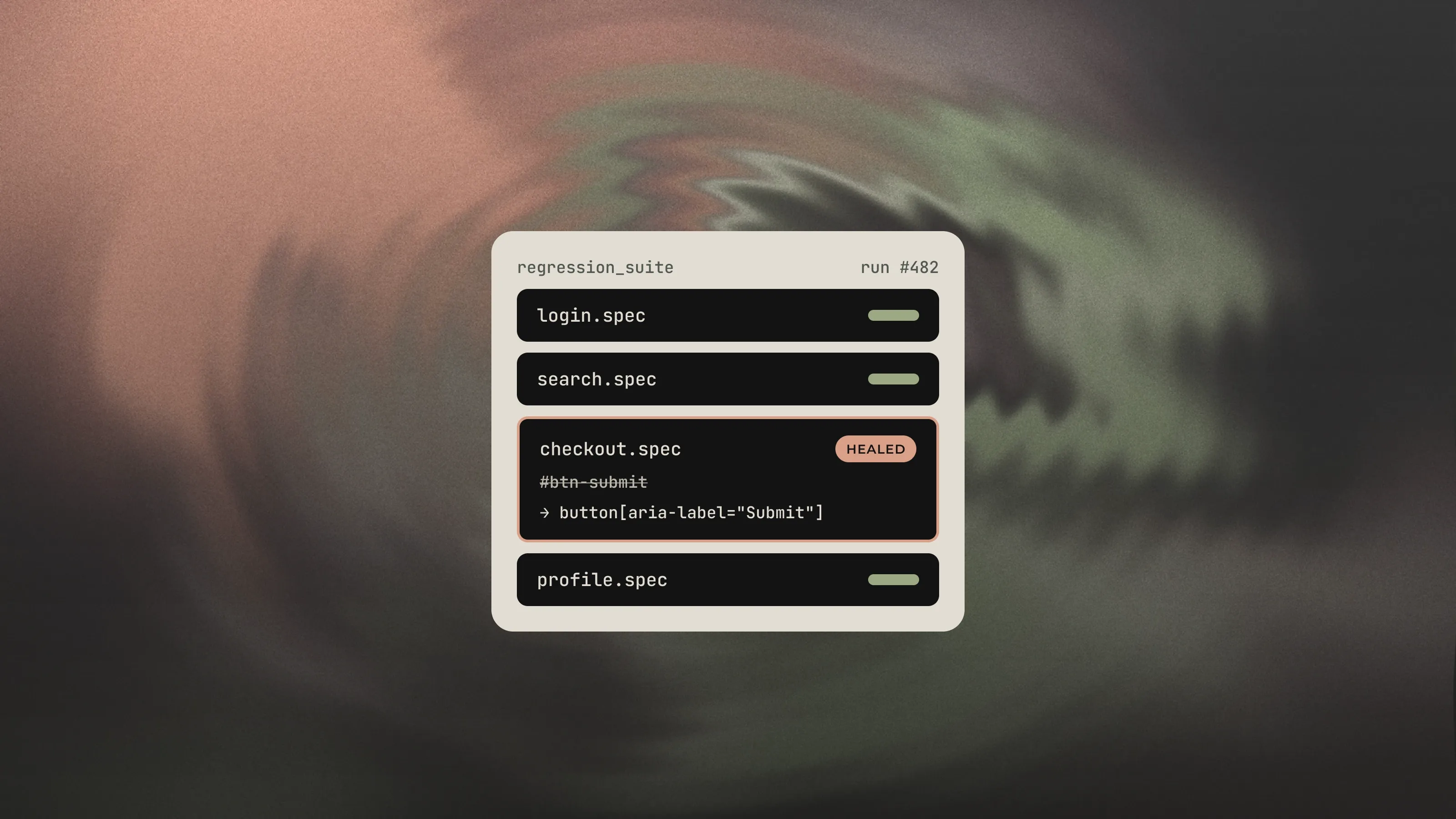 Eine Regression-Suite, in der der Checkout-Test einen defekten Locator selbst repariert hat