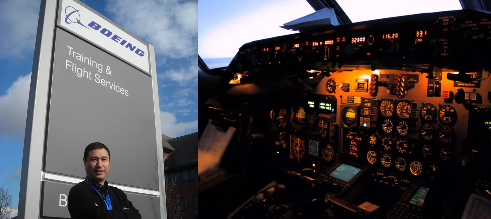 Der Autor vor einem Schild von Boeing Training & Flight Services, daneben ein schwach beleuchtetes Cockpit eines Verkehrsflugzeugs