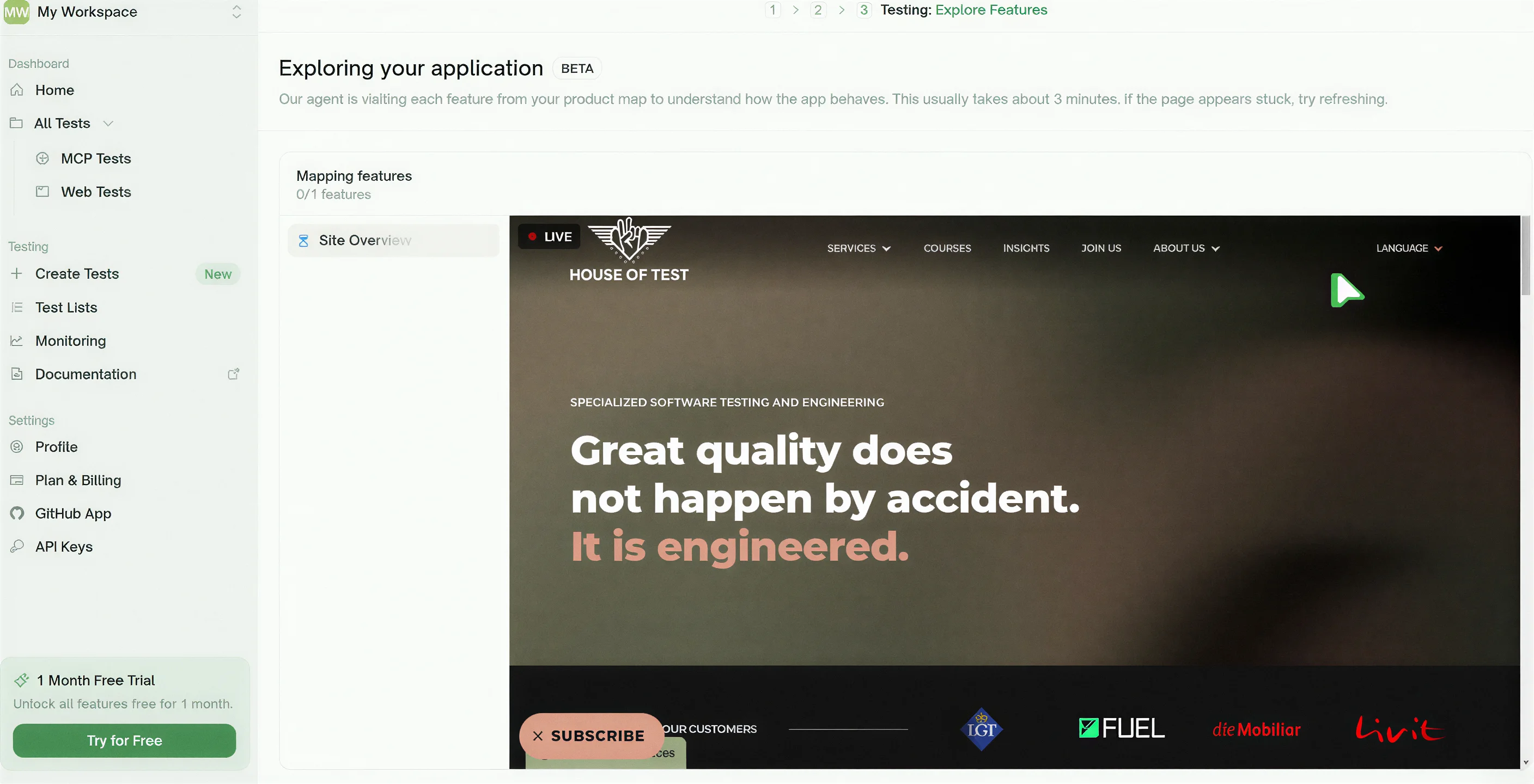 TestSprite erkundet live die Startseite von houseoftest.ch und erfasst dabei die Funktionen der Website