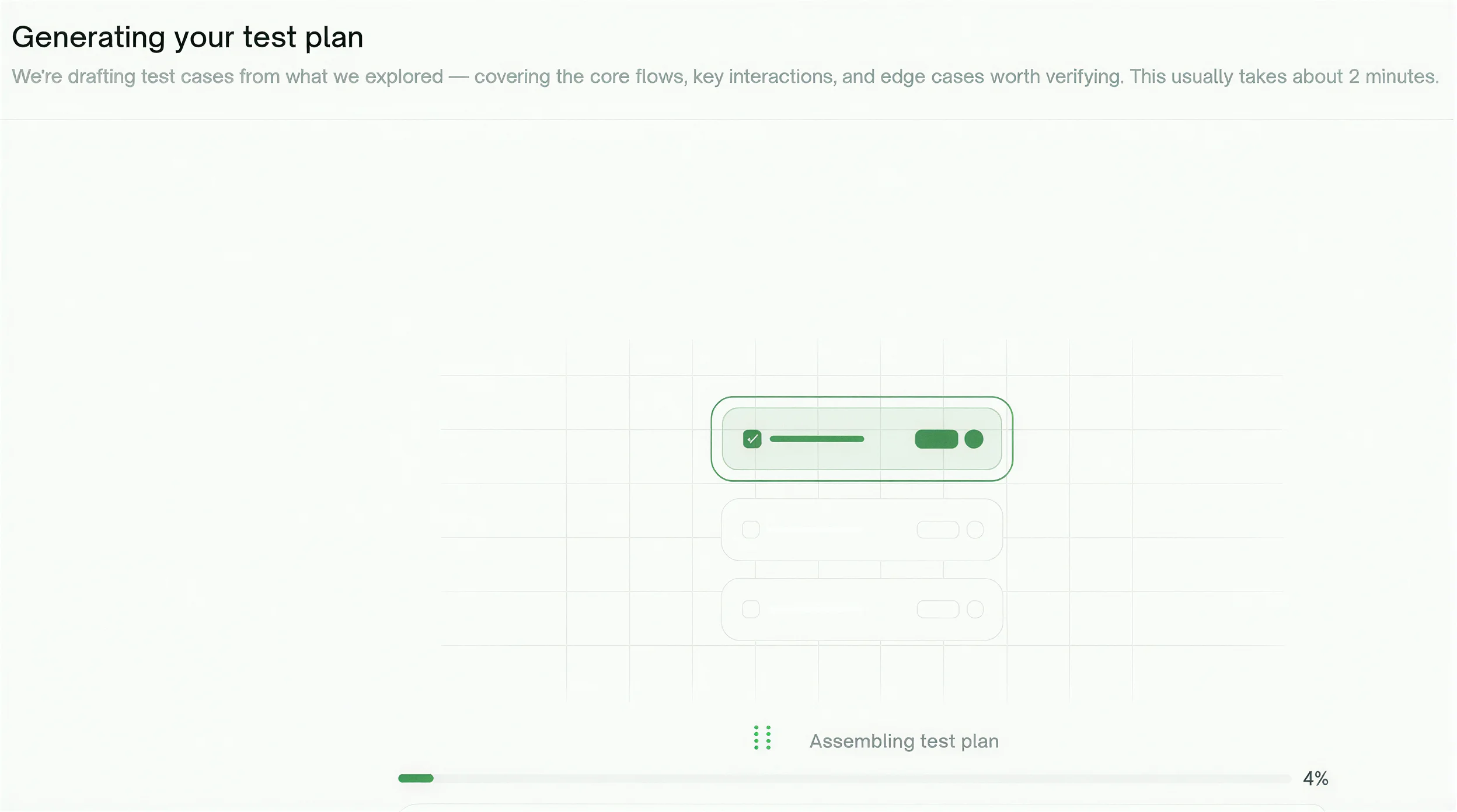 TestSprite erstellt aus dem Erkundeten einen Testplan, der Fortschrittsbalken steht bei 4 Prozent