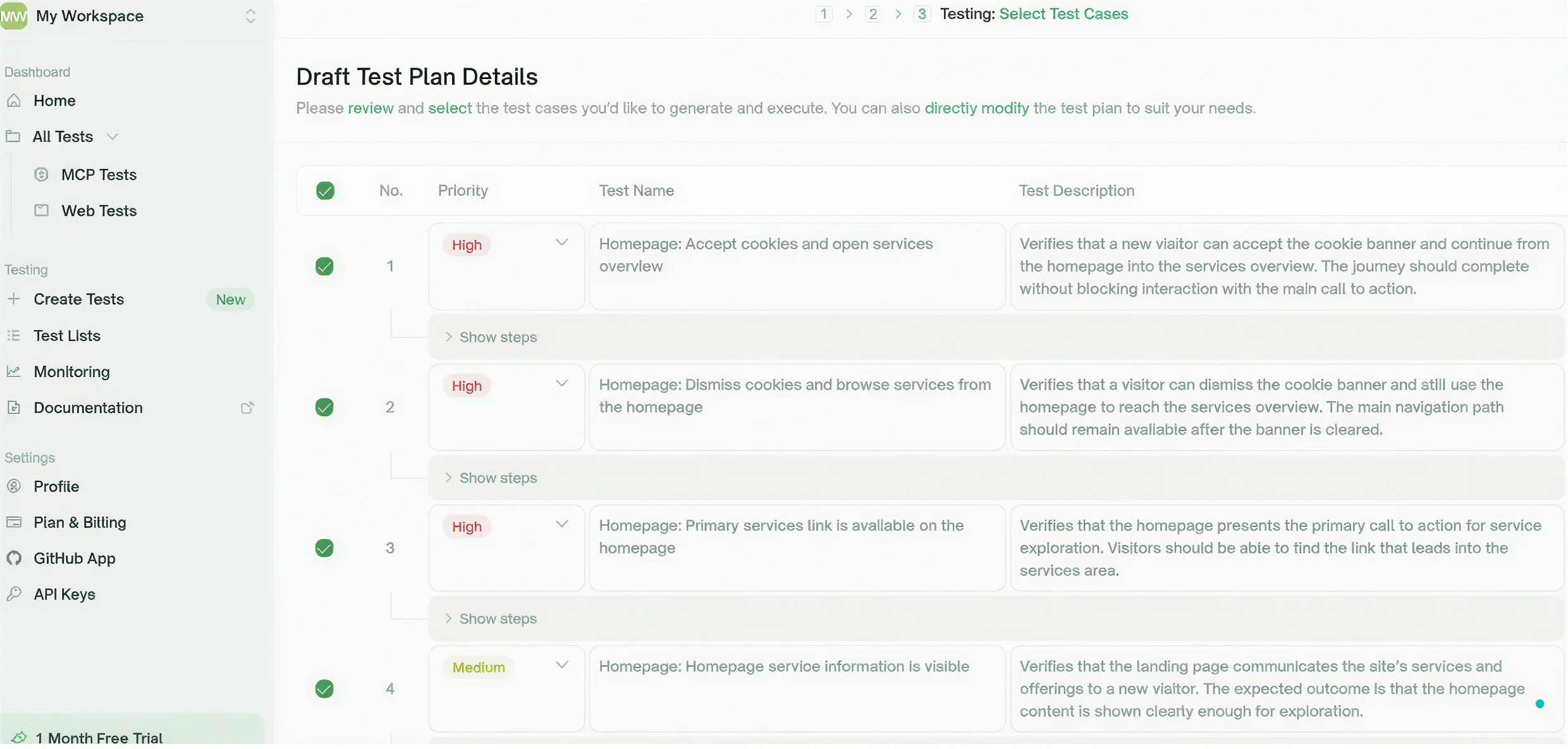 Entwurf des Testplans in TestSprite: Testfälle für die Startseite und das Cookie-Banner, jeweils mit Priorität und Beschreibung