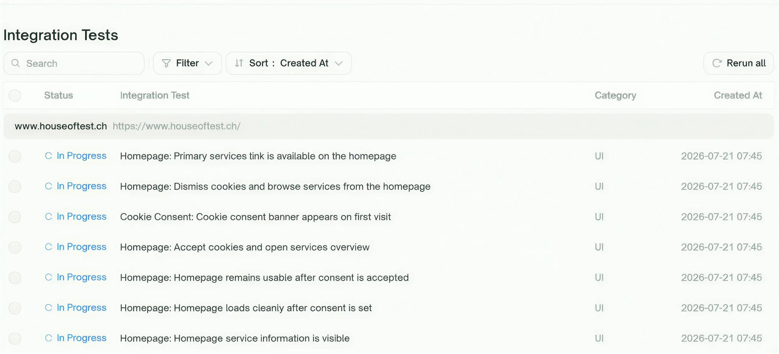 TestSprite-Liste der Integrationstests für houseoftest.ch: sieben laufende Tests zur Startseite und zur Cookie-Einwilligung