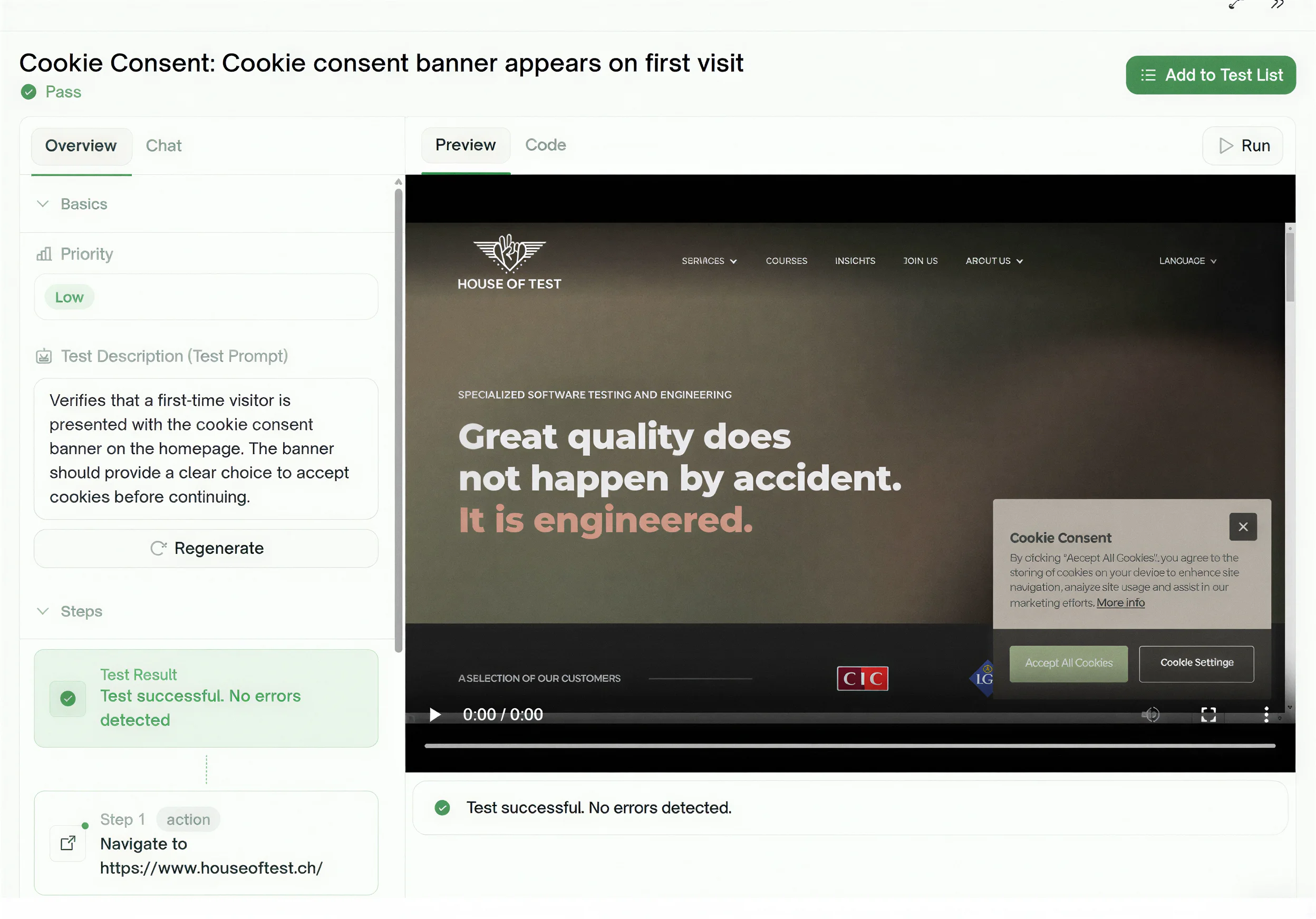 Bestandener TestSprite-Test, der prüft, ob das Cookie-Banner beim ersten Besuch erscheint, mit einem Video des Durchlaufs