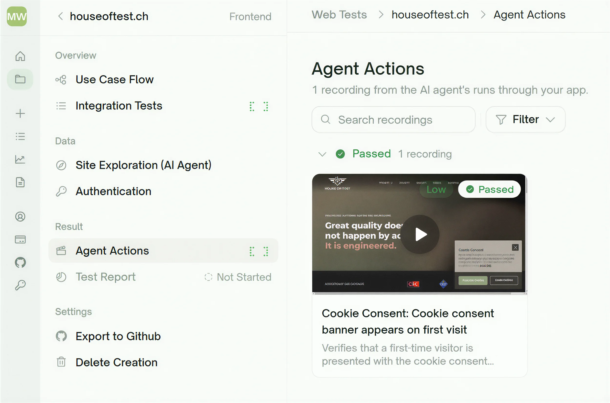 Ansicht Agent Actions in TestSprite mit einer bestandenen Aufzeichnung des Cookie-Banner-Tests