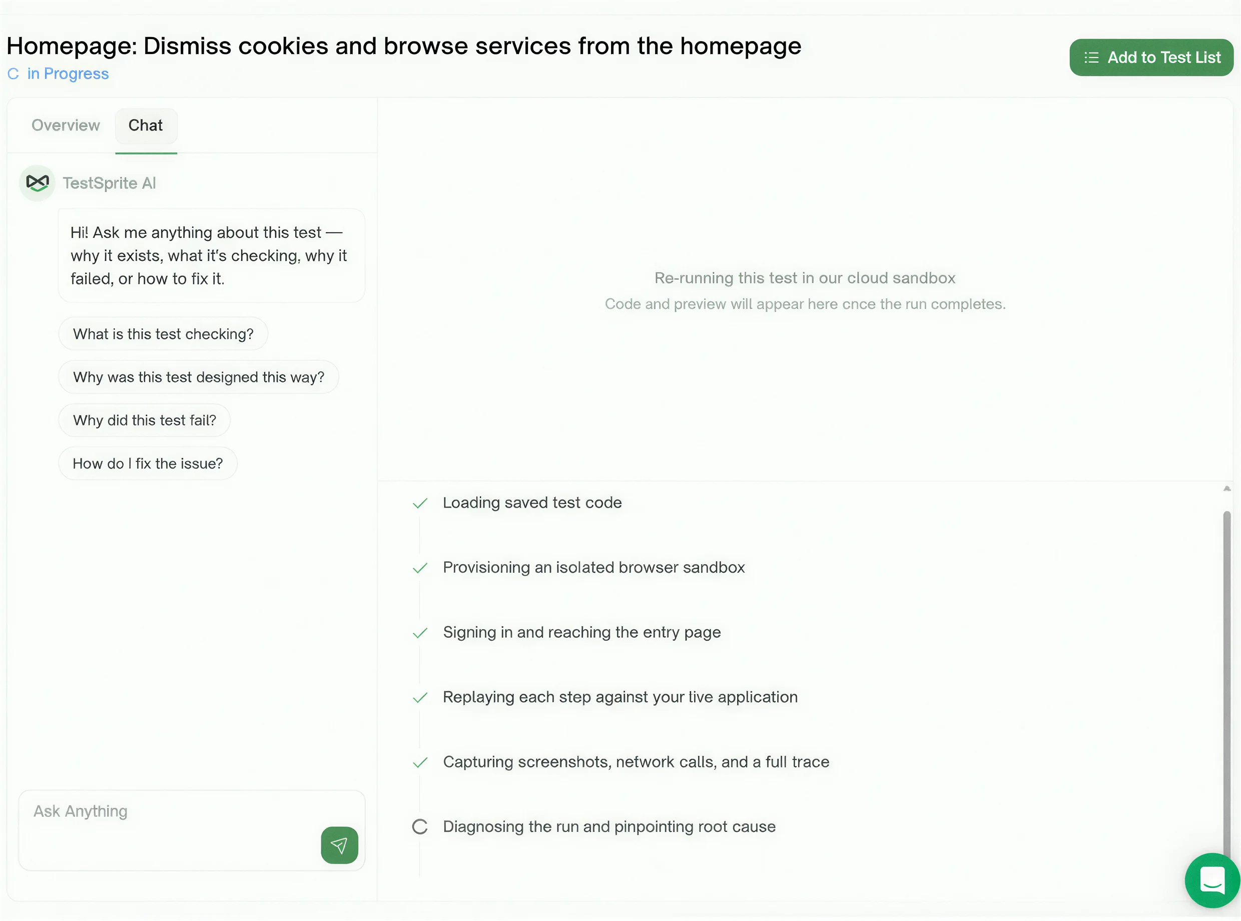 TestSprite führt einen Test in einer Cloud-Sandbox erneut aus und diagnostiziert den Durchlauf, daneben sein KI-Chat-Assistent