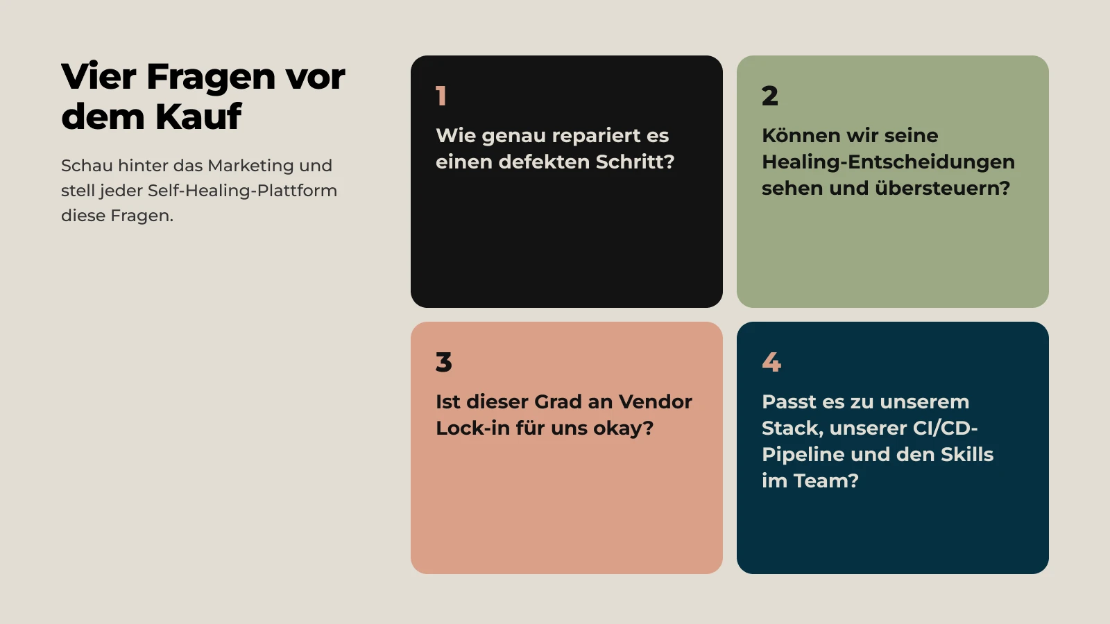 Vier Fragen vor dem Kauf: Wie genau repariert es einen fehlgeschlagenen Schritt? Können wir seine Healing-Entscheidungen einsehen und übersteuern? Sind wir mit diesem Grad an Vendor-Lock-in einverstanden? Passt es zu unserem Stack, unserer CI/CD-Pipeline und den Skills im Team?