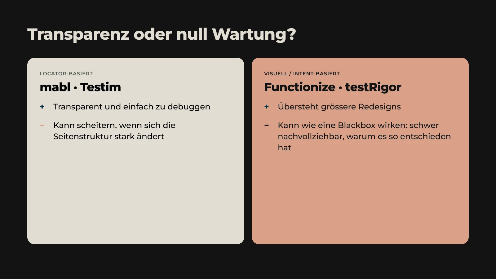 Transparenz oder null Wartung? Locator-basierte Tools (mabl, Testim) sind transparent und leicht zu debuggen, können aber scheitern, wenn sich die Seitenstruktur stark ändert. Visuelle und intentbasierte Tools (Functionize, testRigor) überstehen grössere Redesigns, können aber wie eine Black Box wirken.